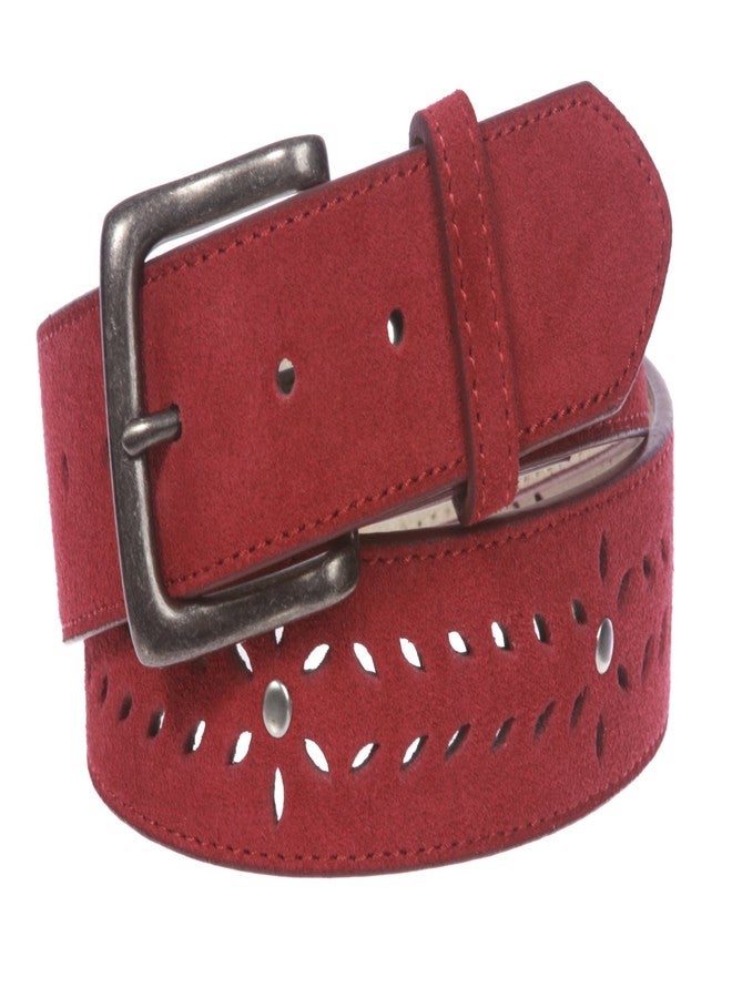 Beltiscool Women's 1 1/2" (38 mm) Snap on Suede Perforated Studded Leather Belt, Red | 38" - Image 1